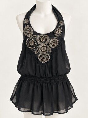 Bebe Black Halter Top with Embellished Details